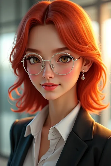 A girl with a long face, golden skin, medium almond eyes and medium-length red hair in a company that owns a fortune wearing pretty small silver framed round eyeglasses