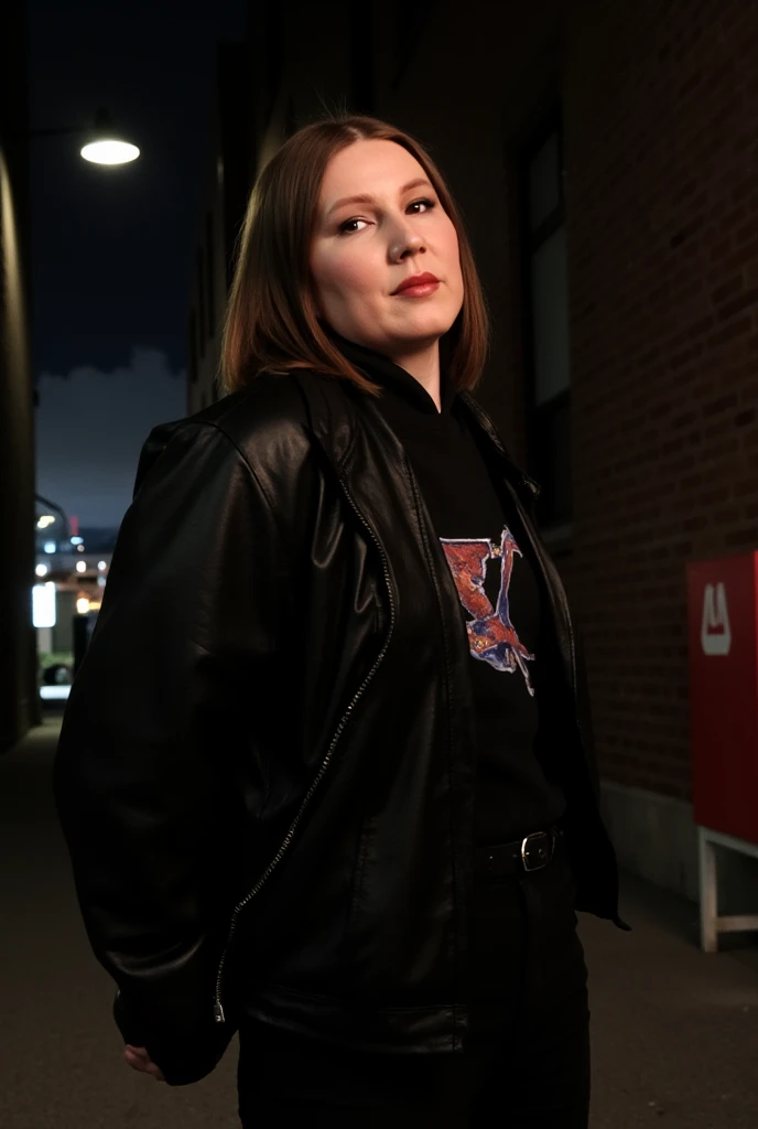 Cinematic portrait of a confident woman with short, dark hair and bold red lipstick. She’s wearing a leather jacket and is standing against an urban backdrop at night. Dramatic side lighting.