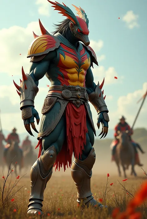 A hyper-reali stic humanoid warrior inspired by the giant anteater, with powerful claws, muscular arms, and an ancient warrior's armor in the colors of Goiás' flag. The battlefield is a vast cerrado landscapewith enemies charging in the backgroun d."