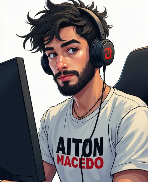 A young man weighing about 90kgs ,  White , with a medium size beard and MEDIUM and black hair, com headphone, earning a lot of money, A lot of money back on a gamer computer, The shirt says CLAITON MACEDO, manga drawing