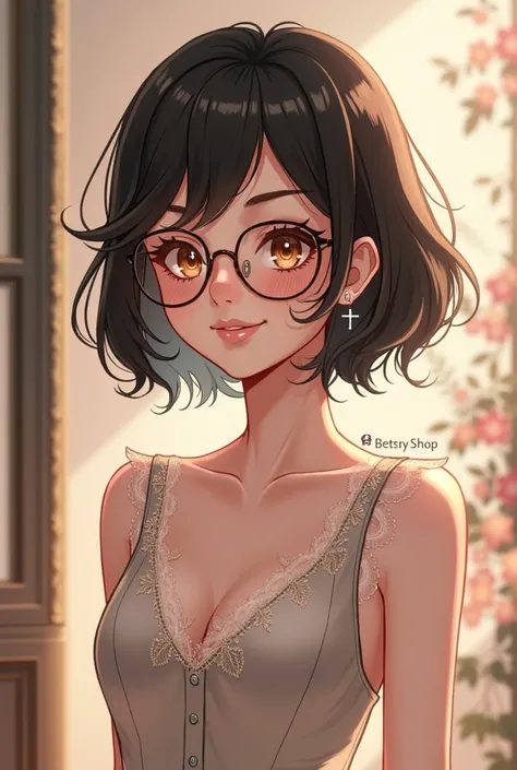  An anime character with short hair and dark bangs, with glasses, with a super nice and elegant logo that says Betsy Shop 