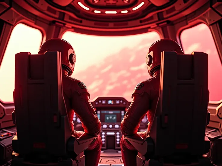 Two Astronauts in spacesuit and helmets are sitting in the spaceship's cockpit with their backs to the viewer and faces towards windows lit be reddish glow