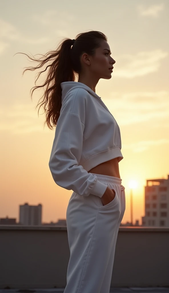 a girl is standing on the roof in a white tracksuit, dark hair develops, Dawn, muscles,  high resolution,  inflated press,  full height