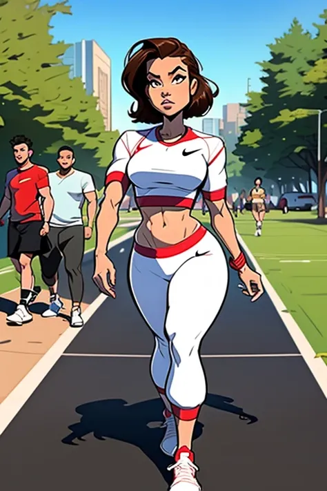 Trayce ​​​​is an Asian sports woman with an athletic body. dressed in a white Nike tracksuit. He wears Nike sneakers and a fanny pack. He is in the park walking. The image is a cartoon sketch