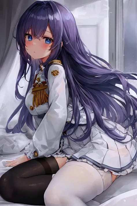 (warship girls r\),((Best quality)),((Ultra-detailed)),((illustration)),((frilled)),(1 girl),(Solo), 1girl, blue eyes, long hair, Purple hair color, pantyhose, solo, torn clothes, legwear, shirt, skirt, very long hair, black legwear, legwear, military, whi...