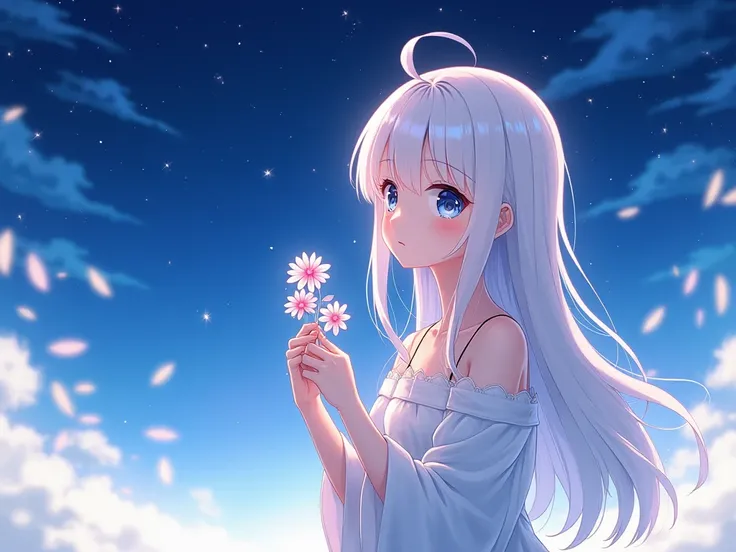 Anime sora kosugano girl holding a flower in her hand blue background and a beautiful dark sky