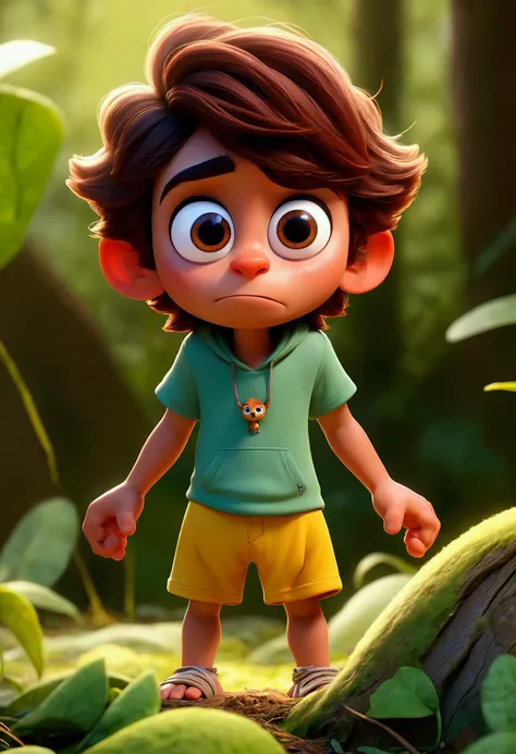 in 3D movie style , Pixar HD image ,  realistic image, colorful image. Nico,  a disheveled brown-haired boy with big  (ojos miel claros), ( small ears ) and with a  (beautiful smile),  yellow t-shirt and blue shorts .  He is accompanied by his inseparable ...