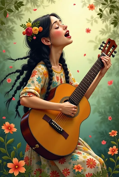 Drawing of a singing girl with braids and dressed in flowers hugging her seated guitar