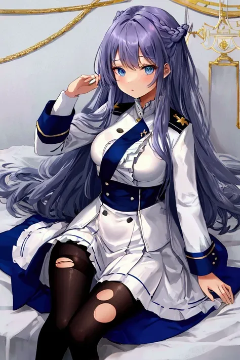 (warship girls r\),((Best quality)),((Ultra-detailed)),((illustration)),((frilled)),(1 girl),(Solo), 1girl, blue eyes, long hair, Purple hair color, pantyhose, solo, torn clothes, legwear, shirt, skirt, very long hair, black legwear, legwear, military, whi...