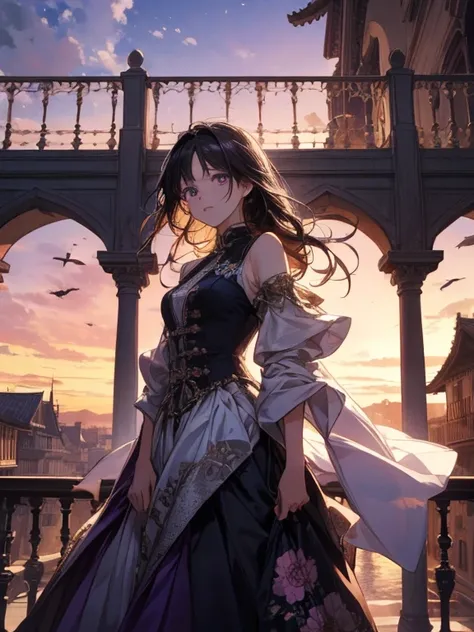  a scene watching the sunset on the castle balcony 。Her black hair flutters in the wind、 her purple eyes shine gracefully 。She is wearing a gorgeous dress 、 The balcony railings are decorated with beautiful flowers。 The background is a scene of the kingdom...