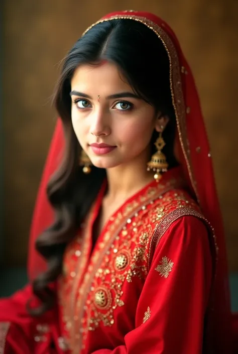 Beautiful gril and carley hir blue eyes and read Pakistan dress 
