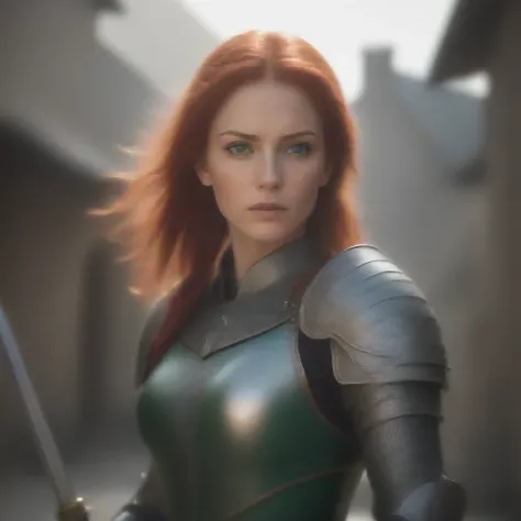 Create a highly detailed image of a medieval warrior woman. She is a 35-year-old with short, fiery red hair, intense green eyes, and small emerald earrings. Her armor is delicate yet sturdy, reflecting light subtly. In her hands, she holds a shimmering swo...