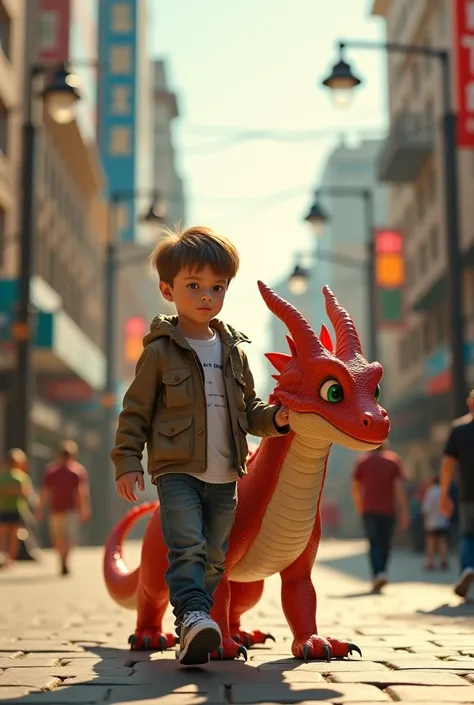 On a sunny day background in a modern city, a age boy in hip hop street clothes, the boy walks with   With dragon ، the boy walks with the   dragon and taking it for a ride with a belt , Realistic high resolution image 