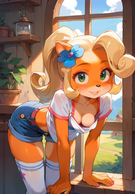 source_furry, BREAK, furry, anthro, detailed face eyes and fur, 1girl, Coco Bandicoot, thigh highs, downblouse, stenading by the window, sexy pose, lustful, bent over, BREAK, night time, mountain cottage, cinematic lighting,