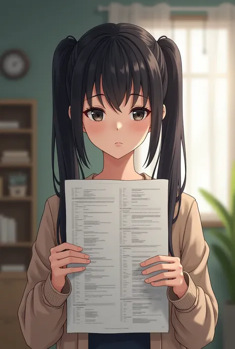 the same girl with dark eyes and dark long hair tied in two ponytails at home and holds in hands very long task list