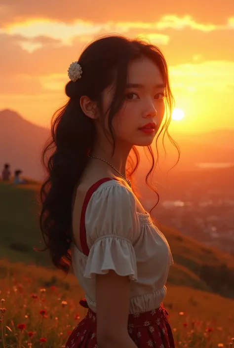  20-year-old woman,  black and wavy hair,  round brown eyes , medium nose, thin lips and red lipstick. Local: Sunset on a hill. vintage clothes.