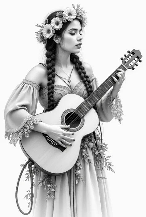 Pencil drawing of Chilean singer with braids dressed in flowers and guitar