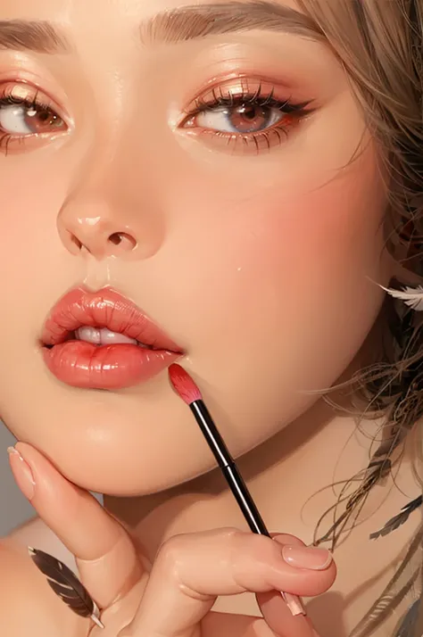 arafed woman with a lipstick brush in her mouth, glossy lips, full glossy lips, clear lips and high quality, smoothed lip line, lipgloss, small plump lips, popular south korean makeup, small lips, light-red lips, popular korean makeup, pale thin lips, thin...