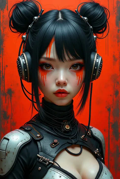 A highly stylized cyberpunk-inspired portrait of a young woman set against a vivid, chaotic red and black background. Her sleek black hair is tied into two buns, accented by metallic accessories, including a futuristic headset with intricate details and or...