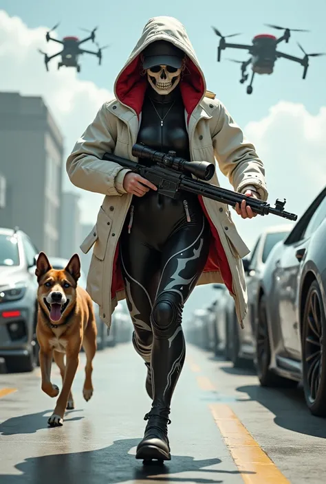  Make a woman dressed in a white hooded overcoat with red accents, dressed in a black leotard with white details,  black cap ,  with a skull mask ,  running with a sniper rifle with a lens in her hands in a parking lot with futuristic cars in the style of ...