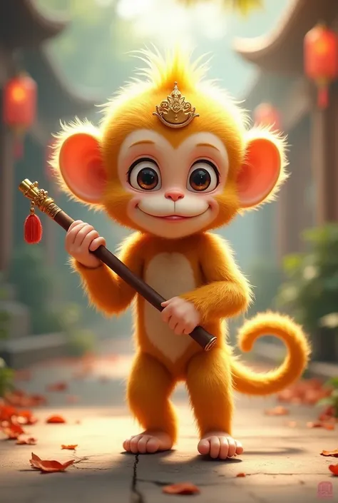  Imagine Monkey King Wukong as a small and adorable version.  It has golden fur ,  a mischievous face with large expressive eyes ,  and a small golden crown on its head .  His ears are large and his posture is playful ,  with its hands holding its rod , wh...