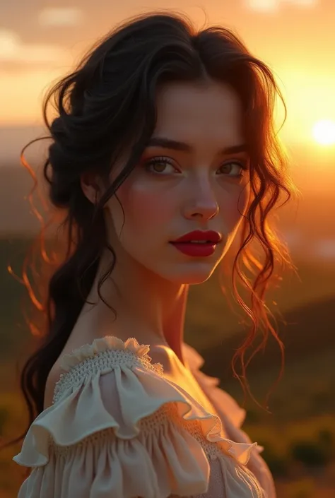  20-year-old woman,  black and wavy hair,  brown eyes, medium nose, thin lips and red lipstick. Local: Sunset on a hill. vintage clothes. She's French , White-haired golden-skinned.