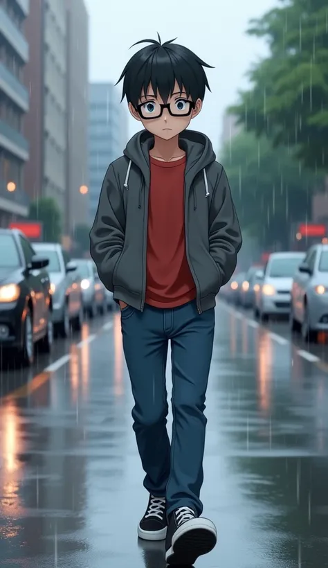 Anime style boy in jeans , black sneakers , gray sweatshirt,  red shirt, 22 years old, black bald hair, walking down a street with cars in the rain , Wear prescription glasses with a square black frame. Thoughtful aspect , walking sideways