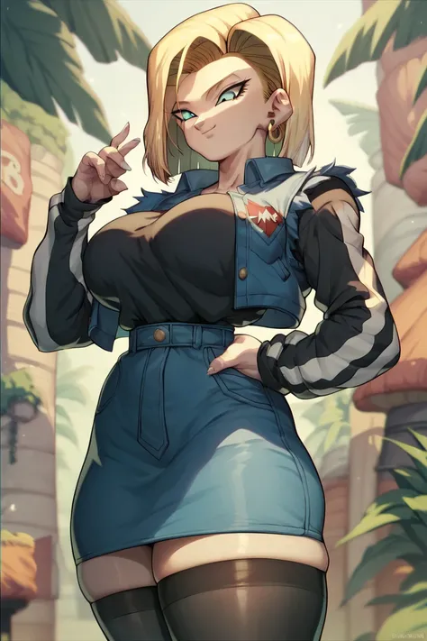 female, Android 18, blue vest, Black Striped White Long Sleeves, Black Shirt Blue Skirt,  black stockings,  smile,  Big breasts,  thick thighs,  thick legs,