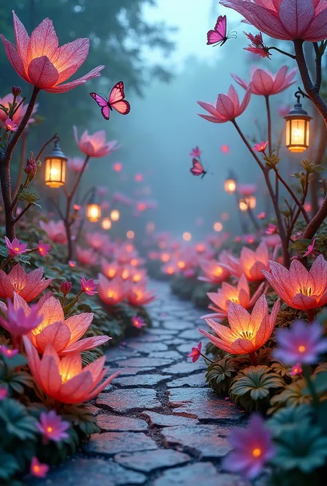 
A magical garden where latex flowers of various colors and shapes bloom, with intricately tessellated petals and detailed textures. The garden is illuminated by the soft glow of latex lanterns, creating complex patterns of light and shadow on the ground. ...