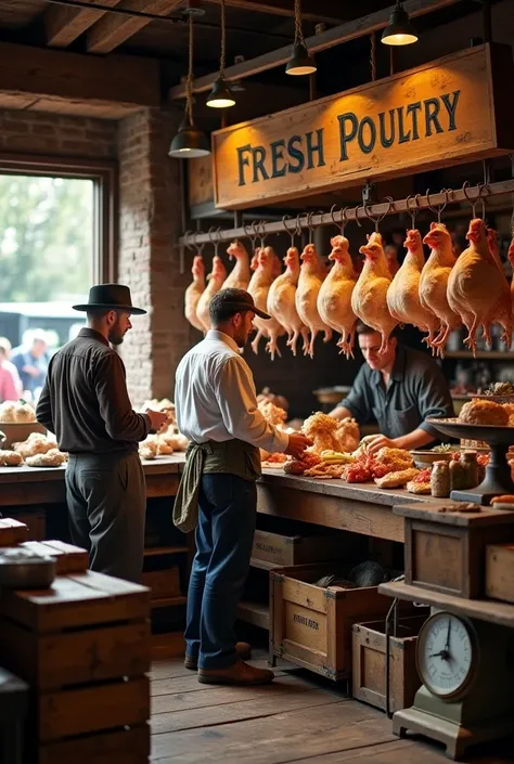 An old-time chicken butcher shop in a busy market. A customer, wearing traditional old attire, is asking the chicken seller to prepare a freshly slaughtered chicken. The butcher is standing behind a wooden counter with a variety of chickens hanging, all un...