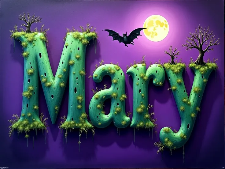 Gothic painting with airbrush and oil, Text "Mary", in large Pixar style, inside the letters there is a whimsical forest, above the letter there is a gothic bat, a moon and a bright pentagram, the background is purple.