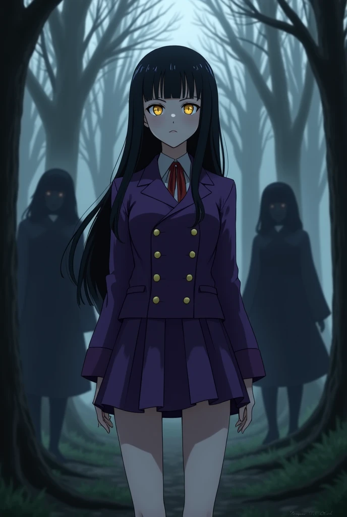 Make an image of a short white girl with long black hair and round gold lenses, His clothing would be a purple uniform identical to that of the Tokyo Jujutsu Kaisen Academy of Witchcraft, In the background some black shadows that haunt her and she would al...