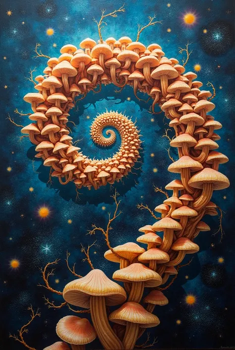 a figurative painting that symbolically represents an eon of Callampas in infinite space in the shape of a spiral