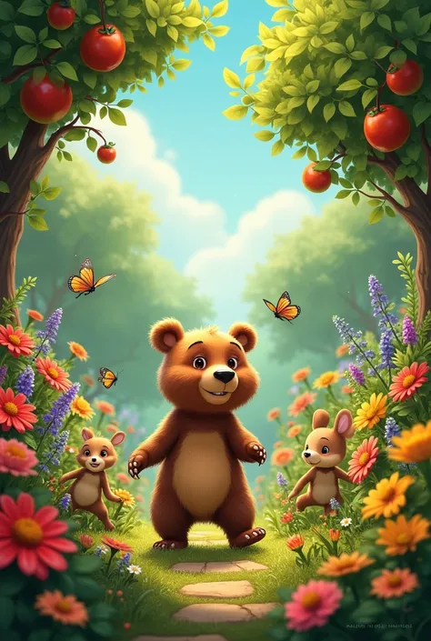 a place full of colorful flowers and fruit trees. Tobias the Bear started playing with the other animals in the forest