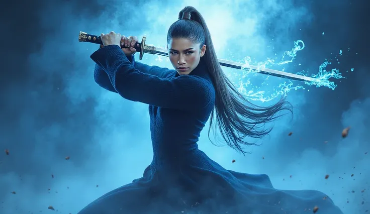 ZENDAYA HOLDING A KATANA AND PREPARING FOR COMBAT. THE SCENARIO WHERE SHE SHOULD BE BLUE