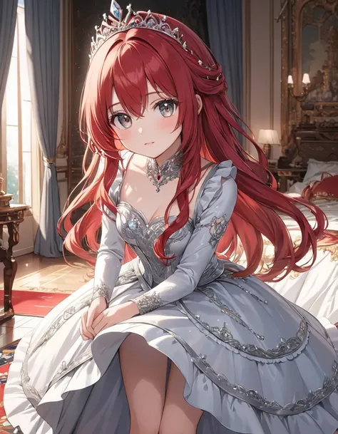 masterpiece,ultra-detailed,best quality,8K,illustration,cute face,clean skin ,shiny long red hair,girl,ultra-detailed-eyes, silver eyes, She wears Princess dress In her palace room and runners around her and They combed her hair, silver eyes, red hair 