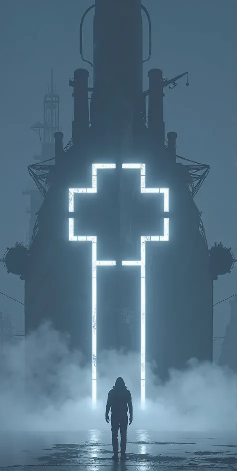 (Masterpiece, ultra-detailed, cinematic lighting, photorealistic, 8K, highly atmospheric, dark fantasy, moody aesthetic, volumetric fog, dystopian setting) Glowing white Rammstein symbol – a bold, geometric cross-like design, illuminated with a cold, brigh...