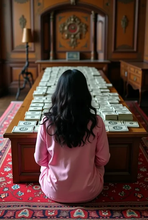  Let there be stacks of dollars on the long wooden and low brown table . A carpet with Turkish embroidery under the table .  A woman sitting in her pink pajamas facing back in front of the table is a woman with black wavy hair woman.  Let the woman's face ...