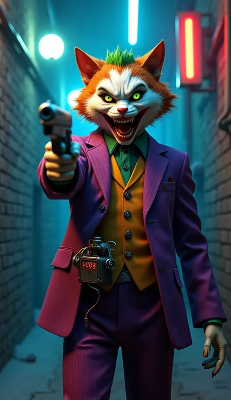 A hyper-realistic 3D scene of a hybrid character between an anthropomorphic cat and Batman's Joker, set in a dark, dank alleyway with blue-tinted lighting and neon lights in the background. The character has feline features with orange and white fur, and b...