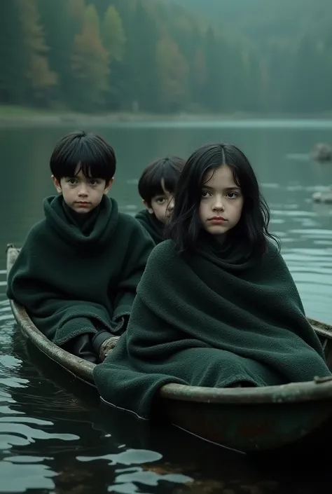 An older black-haired, green-eyed sister has her two younger brothers with the same characteristics as her., The three of them are in a boat with a blanket covering them, The place is Black Lake in Harry Potter 