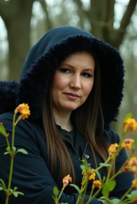 An illustrative portrait of a mystical druid, her face partially obscured by a large hood. She has braided vines intertwined in her dark hair and is surrounded by glowing flowers. The lighting is soft and ethereal, set in an ancient forest