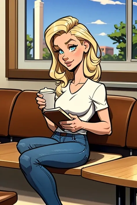 Trayce ​​​​is blonde woman, a sports woman with an athletic body. She is dressed in a white shirt and blue jeans. She is in the cafeteria drinking coffee and reading a book. The cafeteria is very nice and cozy. The image is a cartoon sketch