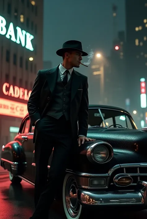 Create a mobster propping up a 1930 Cadillac v6 , smoking a cigarette in front of a bank in a city at night 