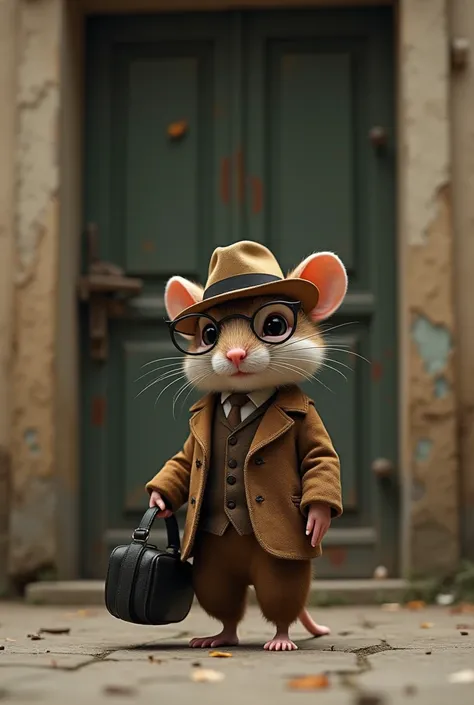  with a fedora on his head in a brown suit,  make a tiny mouse with a black bag in his hand with glasses . Let this mouse be at the door of an old building 