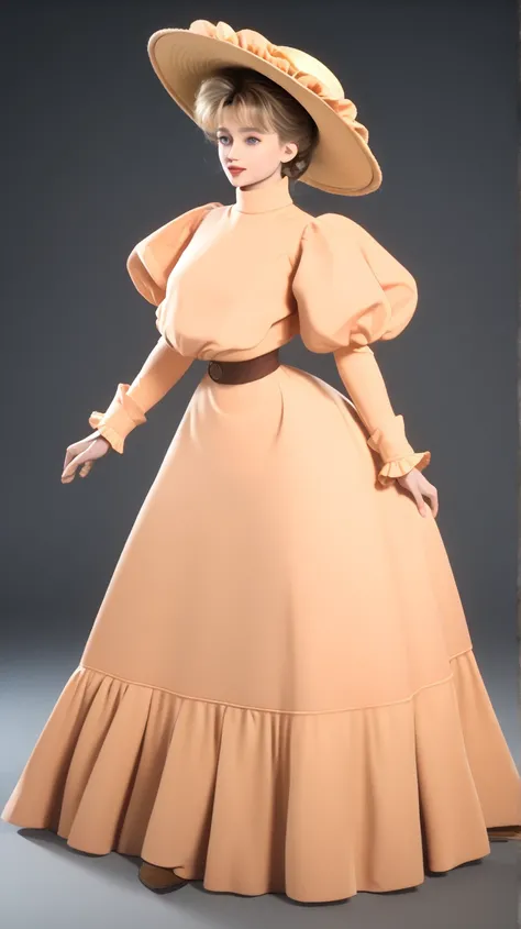 A coquettish 15yo blonde thot of the 1890s. Year 1897. ((Wearing high-collar peach-colored gown and wide-brimmed hat, with ruffles)), waistband, petticoats, silk stockings and boots peeking out from her skirt. Impossible hourglass figure. 1890_dr3ss. Victo...