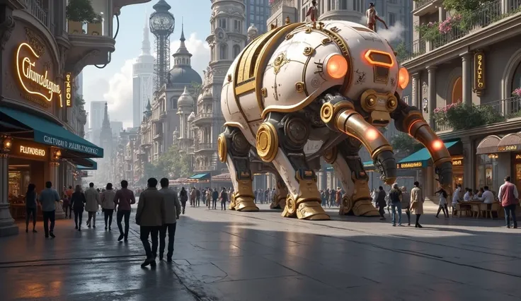 huge Luxurious steampunk robot resembling an elephant walks along the central street of a busy city. A huge robot with streamlined design in white with orange neon details. Multi-level buildings with cozy light in the windows. Amazing architecture luxuriou...