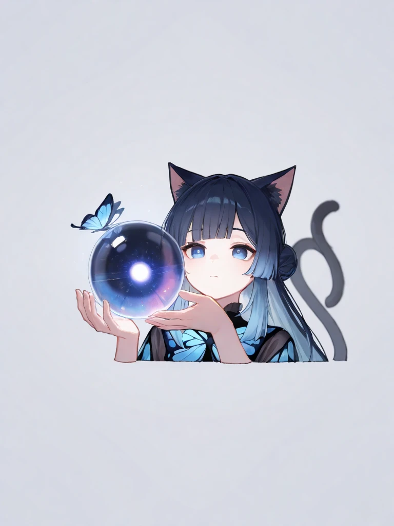 masterpiece, recent,  very high resolution,  top quality,  original
Genshin Impact ,  straight bangs, Black bridge , vertical pupil/cat eyes,  Eyes with Raised Eyes,  light ball touch,  simple background ,  high twin tail , high double prong ,Button-headed...