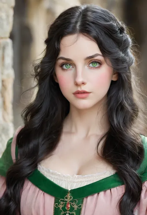 woman, ,  long wavy black hair ,  not very intense almost gray green eyes ,  small, round nose ,  small face ,  with slightly pink cheeks , slightly pink mouth, light medieval clothes 