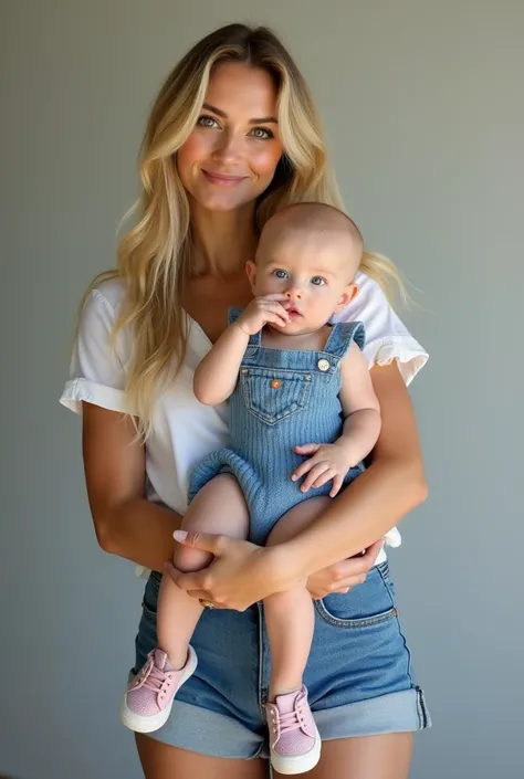  A woman is standing ,  holding her baby in her arms . she is beautiful, white,  with long blond hair and blue eyes .  She wears denim shorts with a folded hem and a short sleeve blouse . on your lap, The baby shows off a rare beauty :  chubby girl, Branqu...