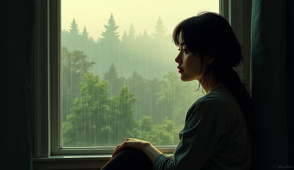 A woman alone at home by the window watching the rainy landscape